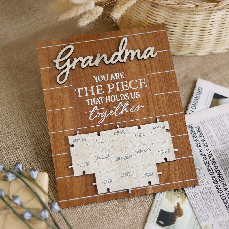 Custom Grandma The Piece That Holds Us Together Puzzle Pieces Plaque, Grandma Mothers Day Gift From Kids