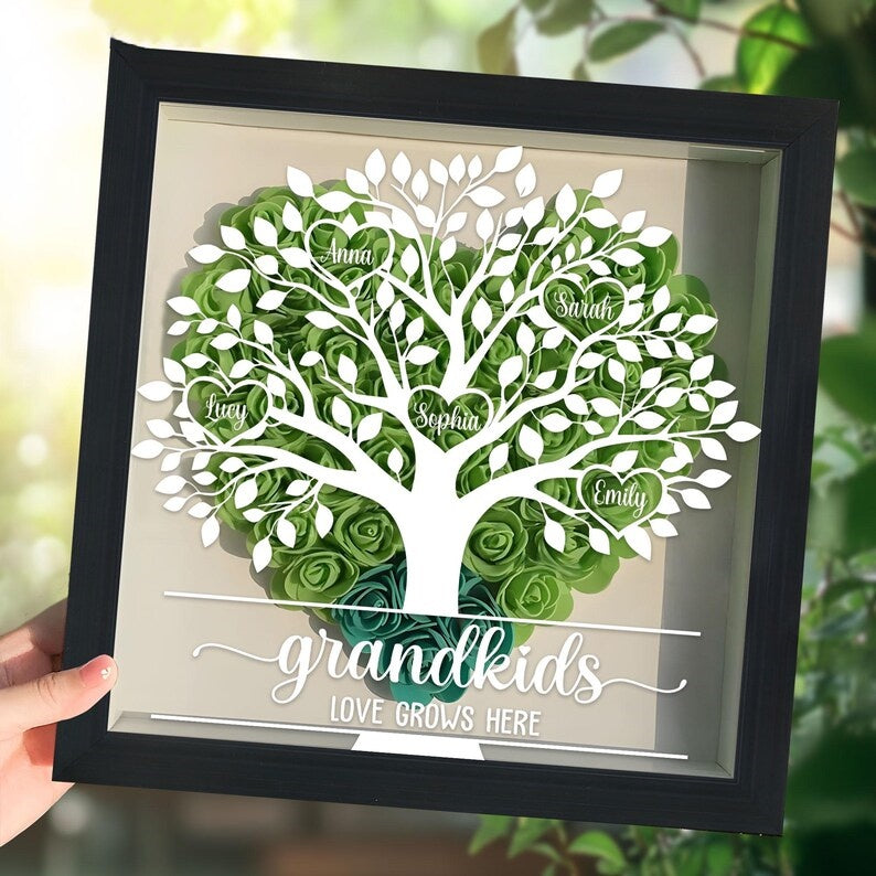 Custom Grandma Tree Of Life - Name Of Kids Flower Shadow Box