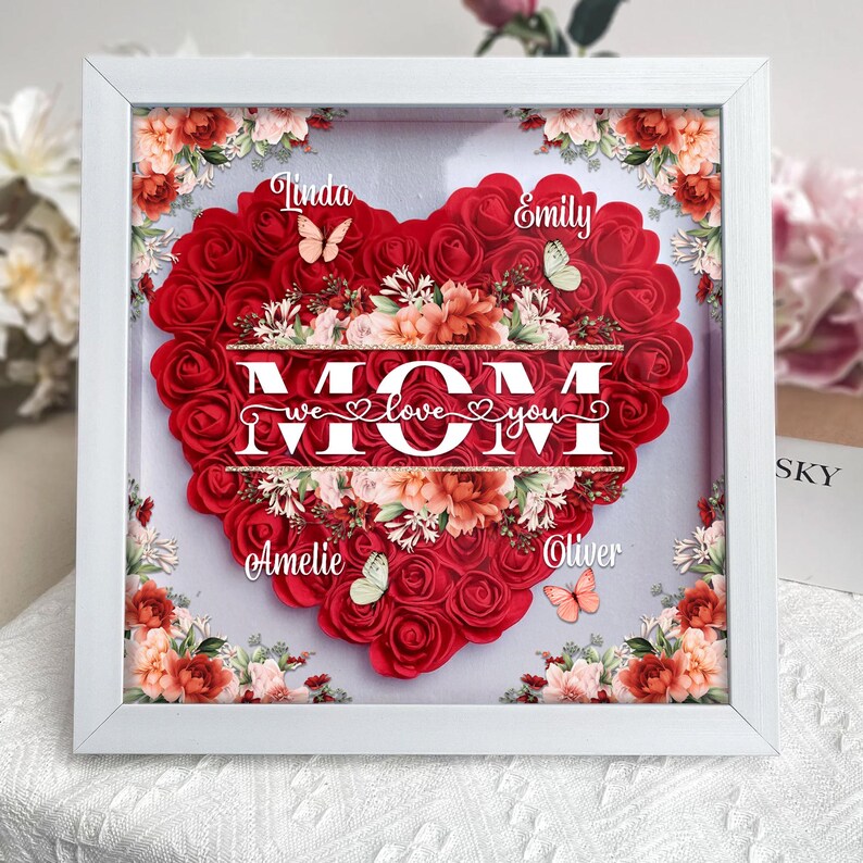 Custom Kids Name And Mom Rose Shadow Box, Mother's Day Gift