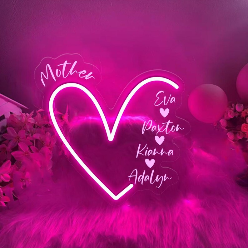 Custom Mama With Kids Names Heart Neon