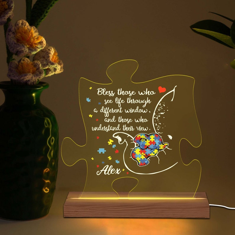 Custom Personalized Autism Mom 3D Multicolor Led Light Wooden Base, Mother's Day Gift