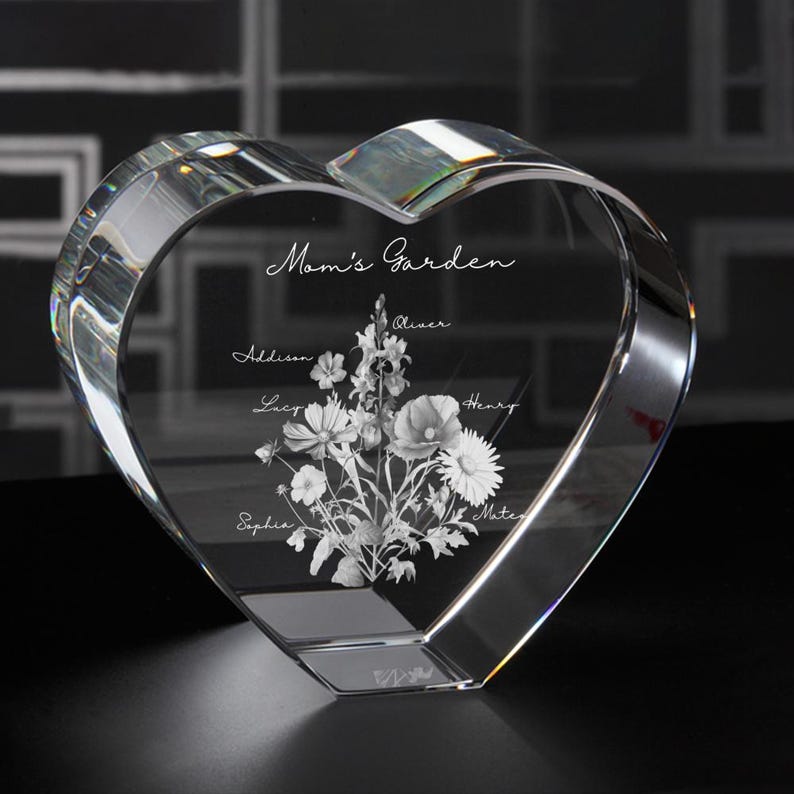 Custom Engraved Birth Month Flower Bouquet In 3d Heart Crystal Unique Gift For Mom