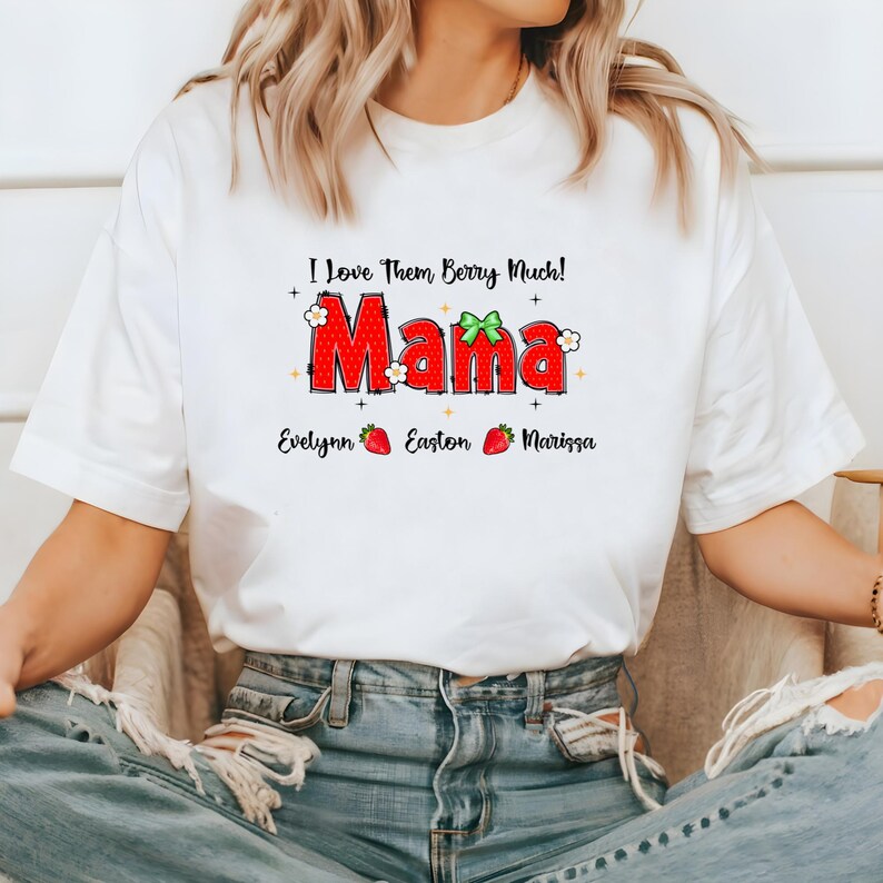 Custom Strawberry Mom T-Shirt with Child's Name Printed - Sweet Mother's Day Gift for Her