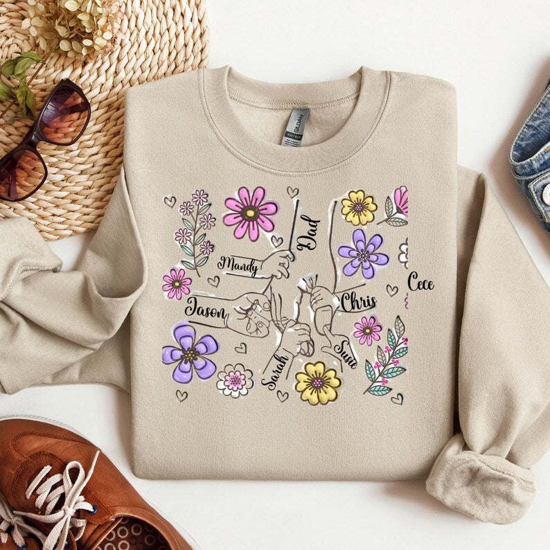 Custom Holding Mom's Hand Sweatshirt With Child's Name On It, You Hold Our Hands Shirt