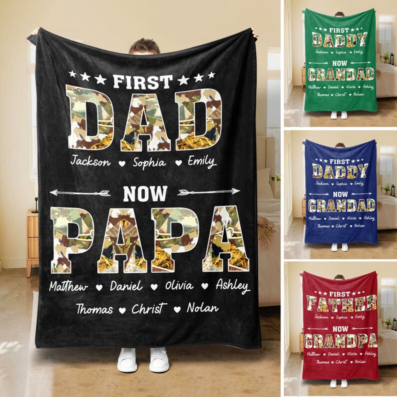 Custom First Dad Now Grandpa Soft Cozy Sherpa Fleece Throw Blankets, Father's Day Gift For Dad