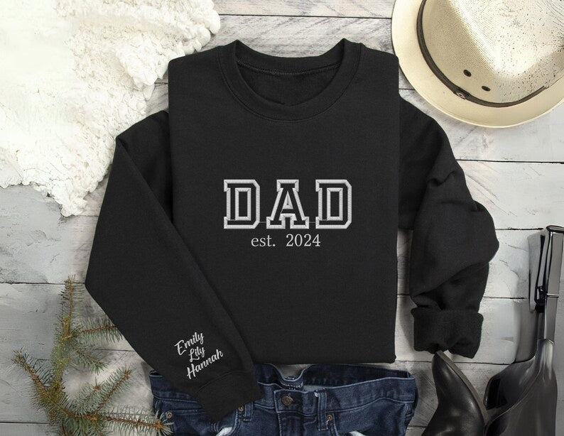 Custom Dad Embroidery Sweatshirt, Personalized Papa Hoodie With Kids Names On Sleeve