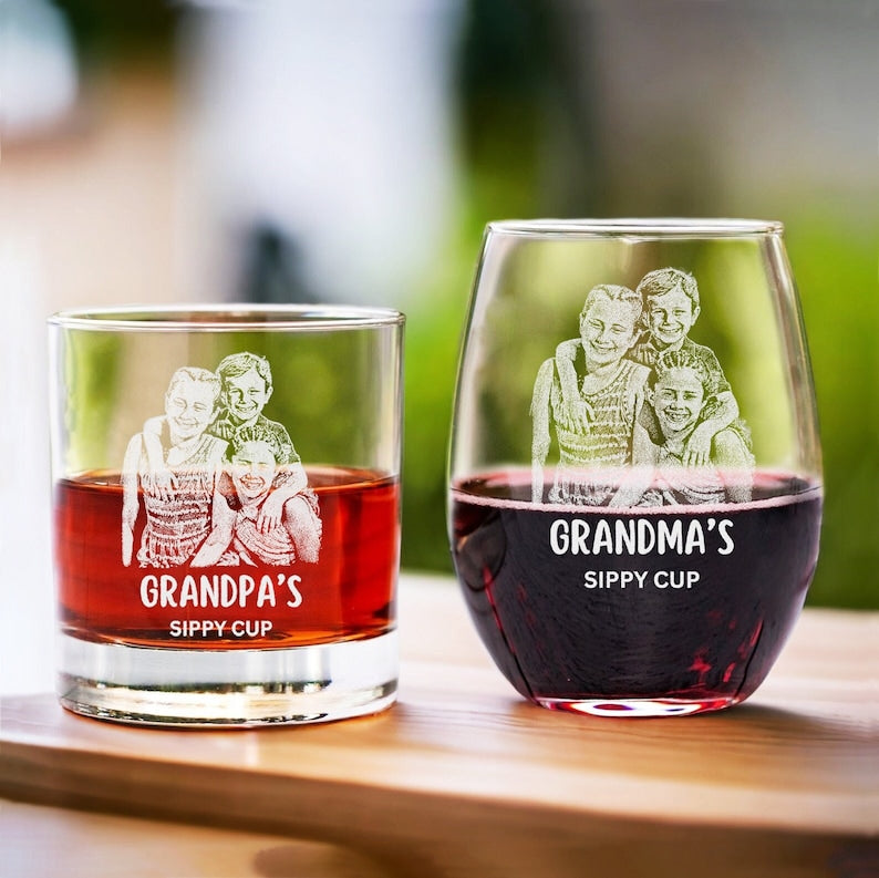 Custom Grandparent Gifts - Engraved Grandkids Photo On Whiskey Glass And Wine Glass