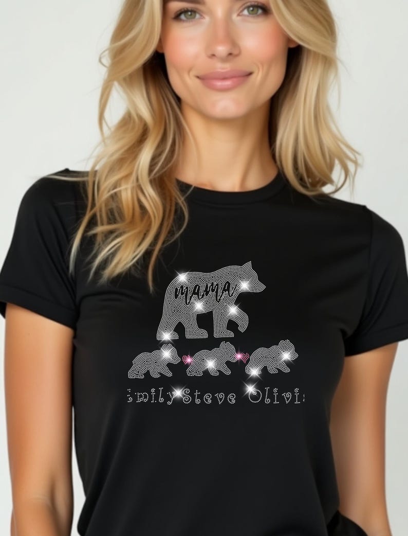 Custom Mama Bear With Cubs Rhinestone Shirt - Kids Names Mama Bear Tee