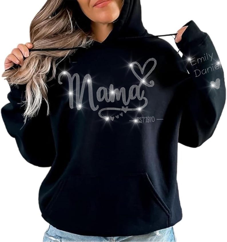 Custom Mama Est Year Rhinestone T-Shirt With Child’S Name On Sleeve