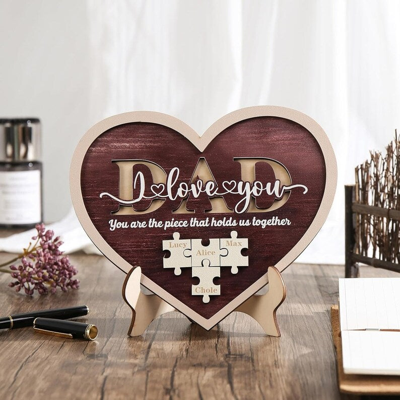 Personalized Dad Puzzle Heart Frame Wood Sign With Kids Name For Father's Day Gift