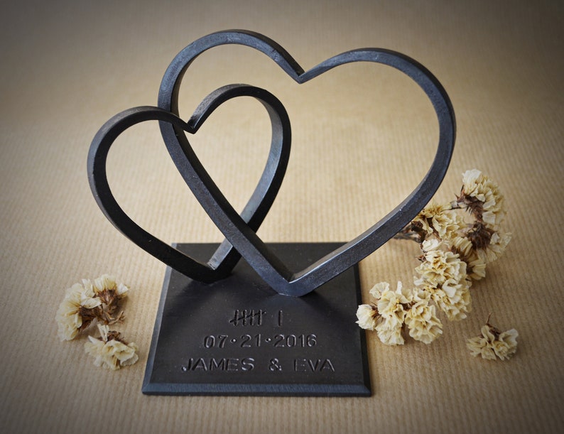 Personalized Two Steel Hearts For Anniversary Gift, Gift for Wife
