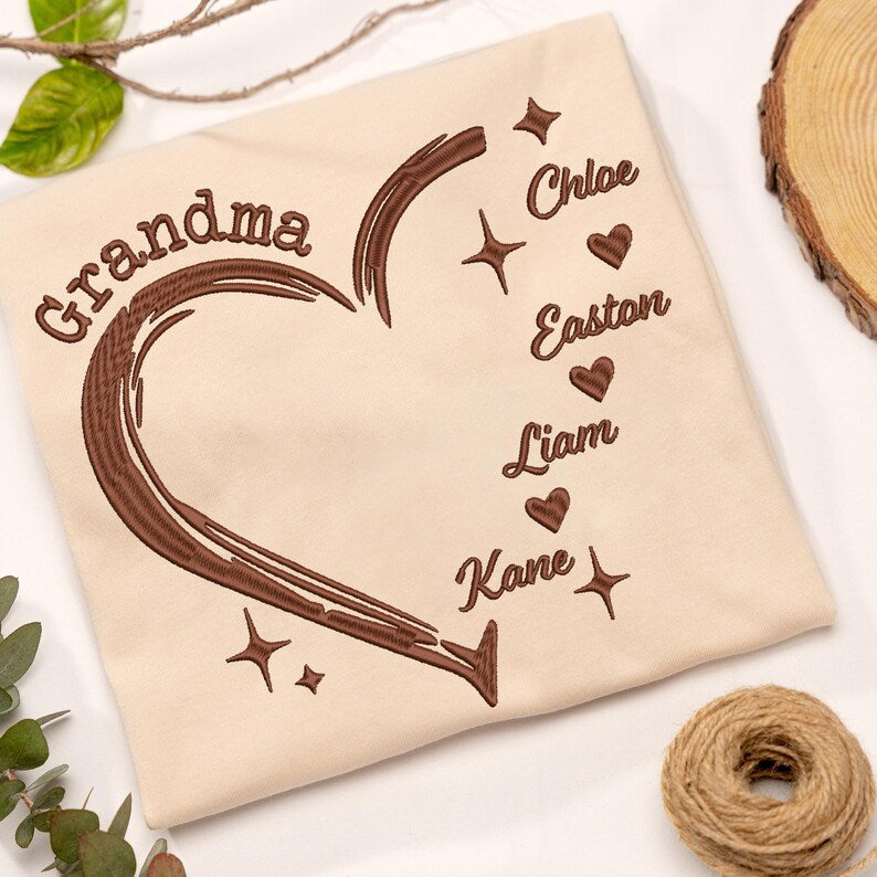 Custom Grandma Heart Grandkid Name Embroidered Sweater