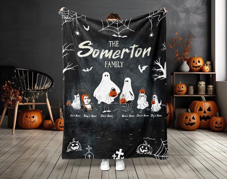 Personalized Halloween Ghost Family Blanket Portrait with Pets Bedding Decor
