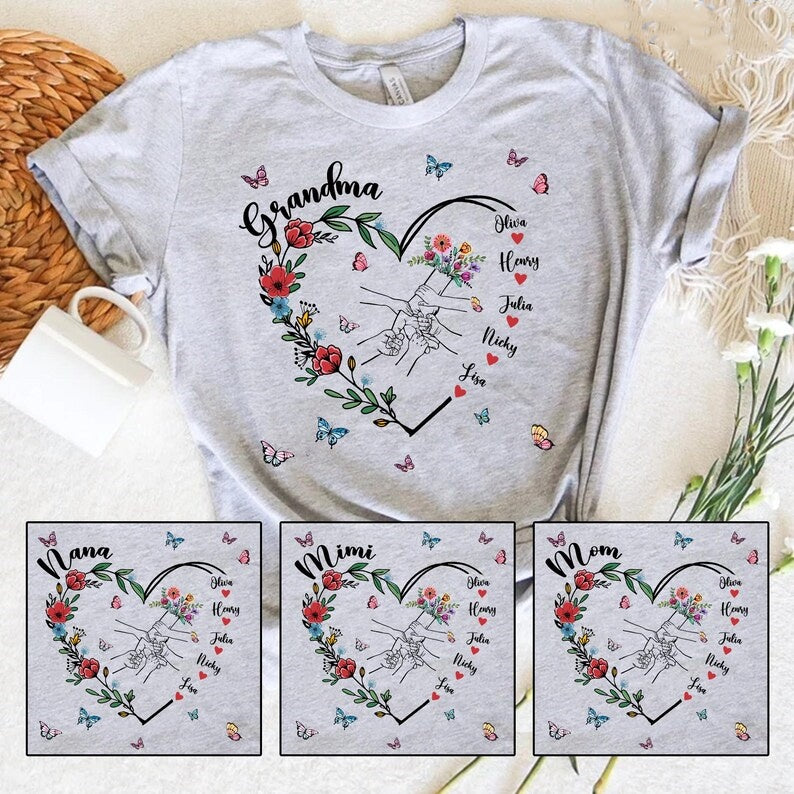 Custom Holding Kid Hands Floral Mom Heart Shirt Mothers Day Gift