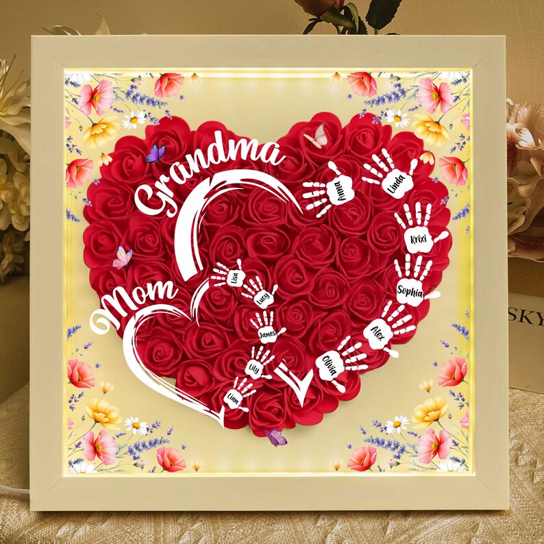 Customized Led Night Light Flower Shadow Box For Mom And Grandma, With Children's Names
