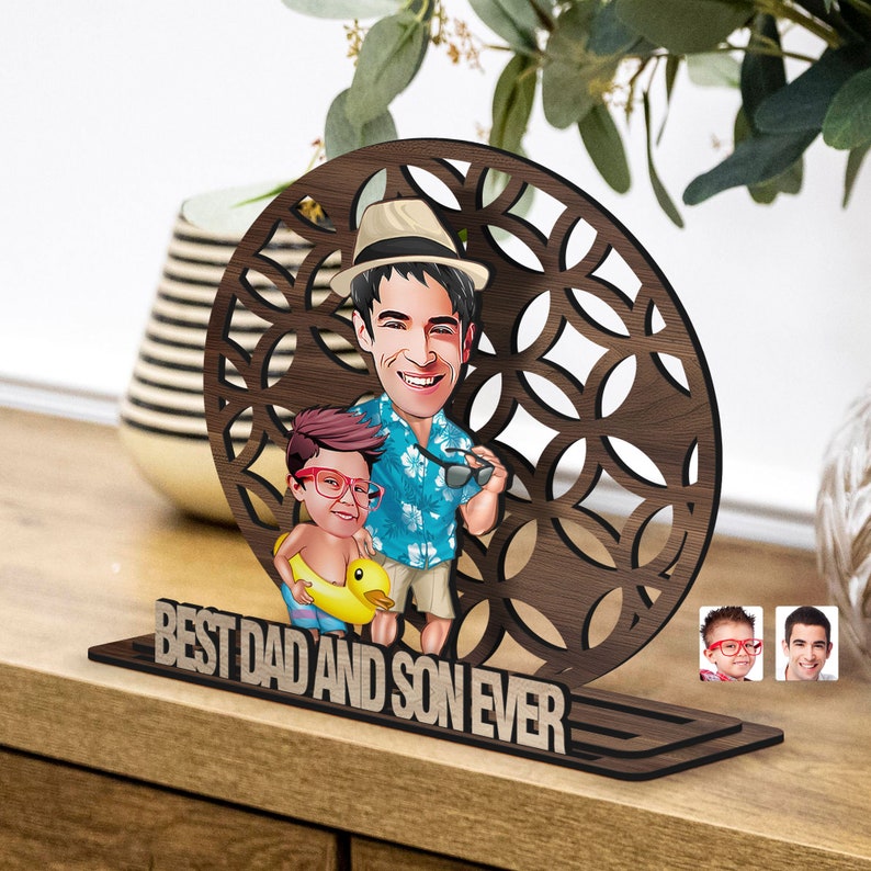 Personalized 3D Wooden Cartoon Father's Day Figurine Trinket, Custom Caricature Portrait, Style 10