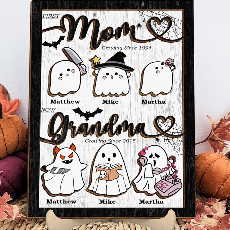 First Mom Now Grandma Personalized Spooky Halloween Ghosts Frame Wooden Sign