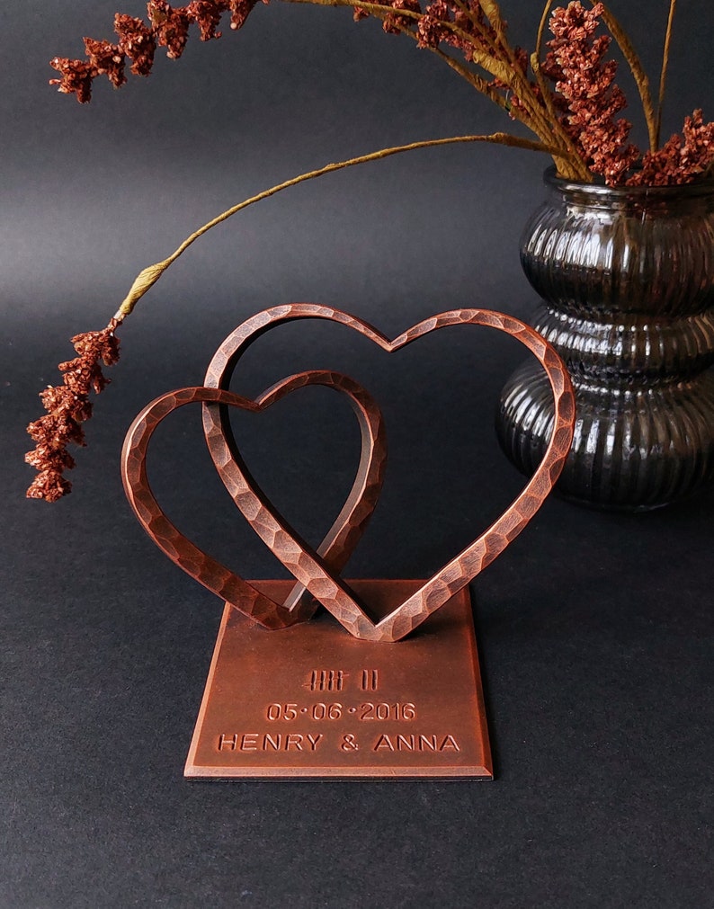 Personalized Two Steel Hearts For Anniversary Gift, Gift for Wife