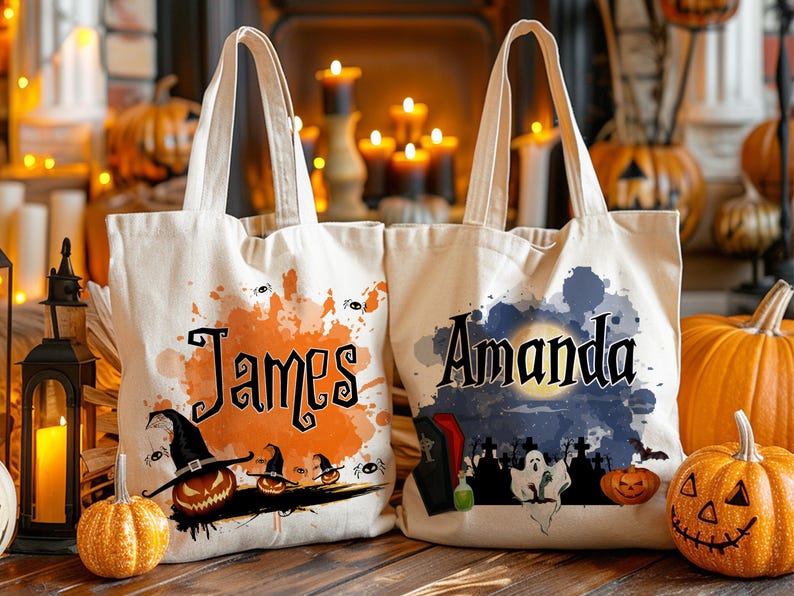 Customized Pumpkin Witch Black Cat Castle Skeleton Ghost Canvas Tote Bag