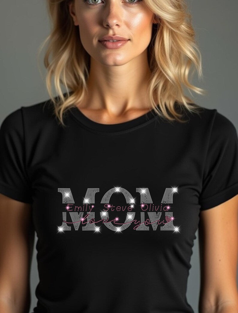 Custom Mom Rhinestone Shirt With Kids' Names Inside -Mother's Day Mom Bling Shirt