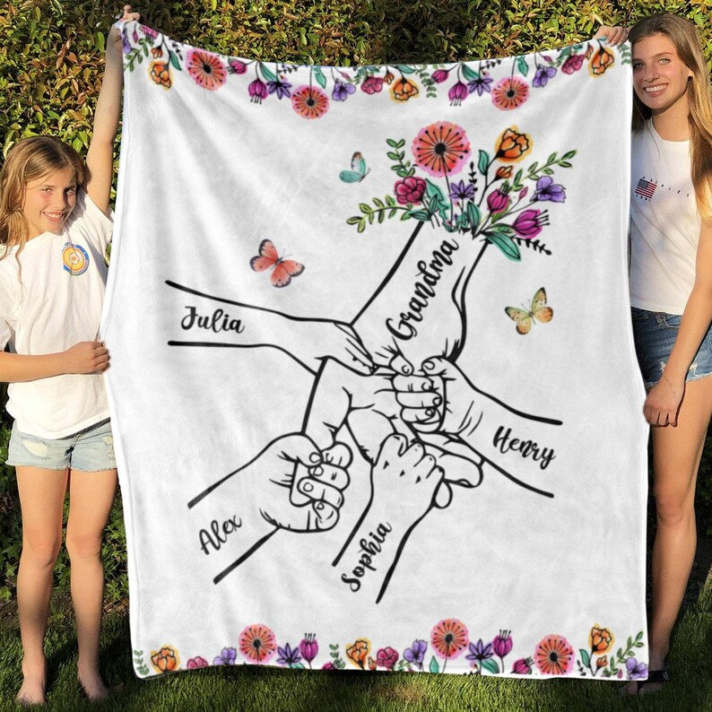 Customized Holding Child's Hand Grandma Blanket Gift Nana Wildflower Gift