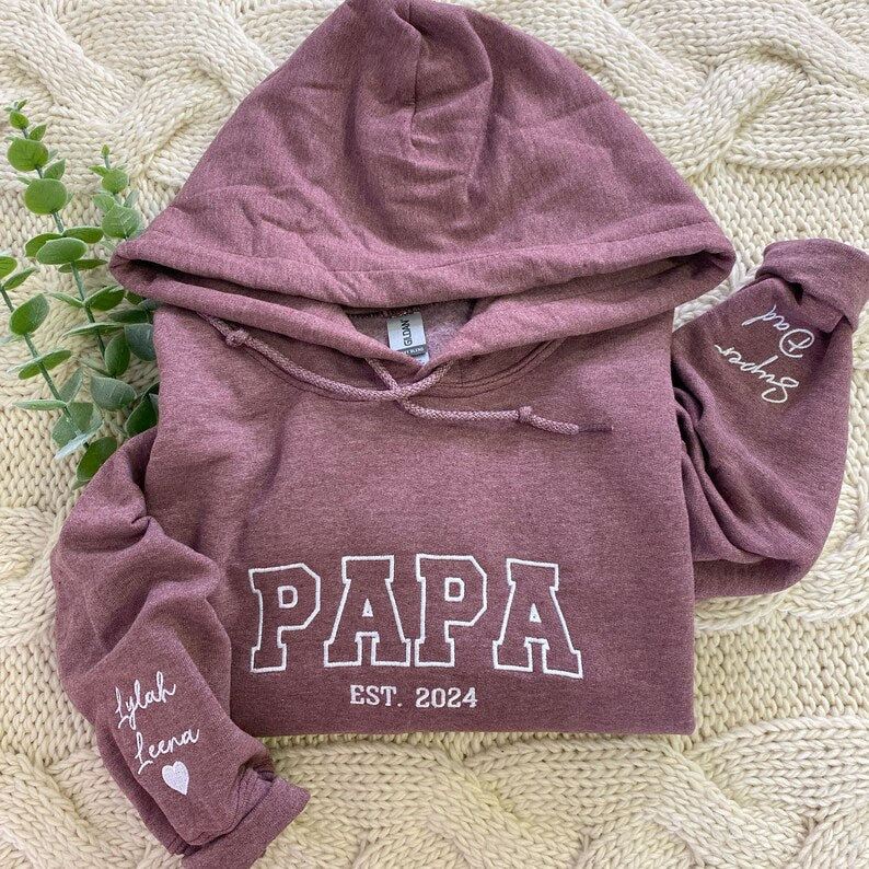Custom Embroidered Papa Hoodie with Kids Names on Sleeve,Father's Day Gift