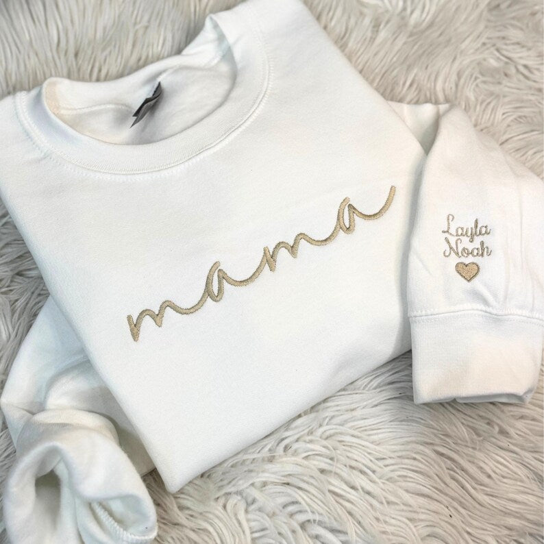 Embroidered Custom Mama Sweatshirt with Mama Birth Flowers & Names on Sleeve