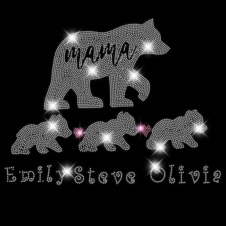 Custom Mama Bear With Cubs Rhinestone Shirt - Kids Names Mama Bear Tee