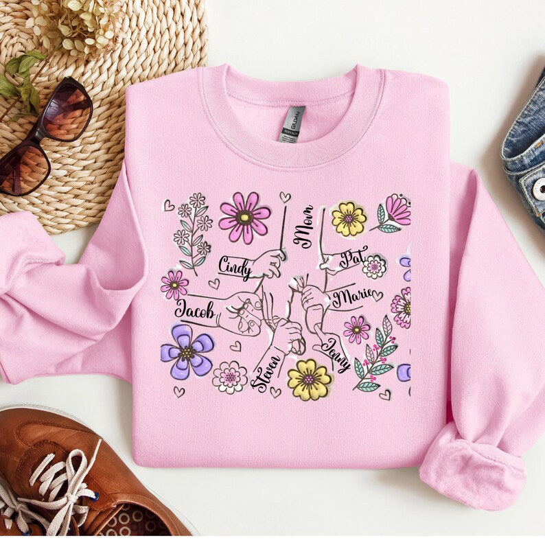 Custom Holding Mom's Hand Sweatshirt With Child's Name On It, You Hold Our Hands Shirt