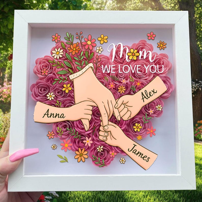 Custom Mom's Garden Kids' Names & Birth Flowers Shadow Box, Mother's Day Gift Decor