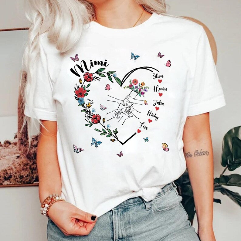 Custom Holding Kid Hands Floral Mom Heart Shirt Mothers Day Gift