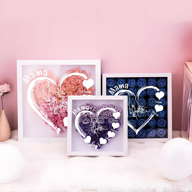 Personalized Flower Heart Shadow Box For Mom, Roses Shadowbox With Names