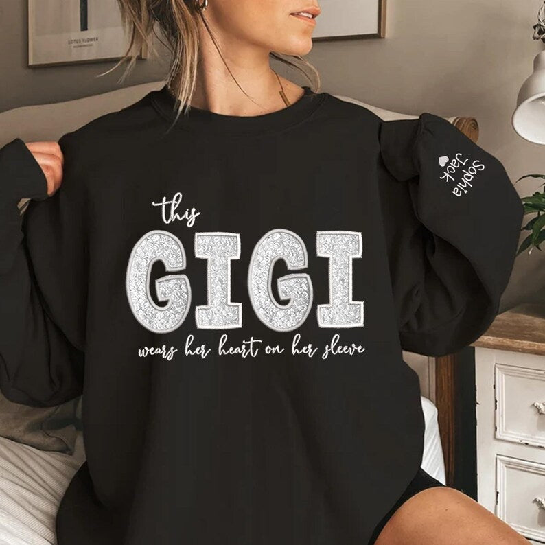 Custom Mom Wears Her Heart on Her Sleeves Glitter  Embroidered Sweatshirt