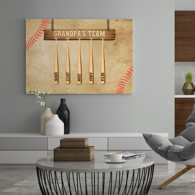 Personalized Gift Ideas For Grandpa, Custom Baseball Canvas, Grandpa's Team Art Print
