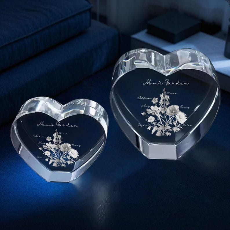 Custom Engraved Birth Month Flower Bouquet In 3d Heart Crystal Unique Gift For Mom