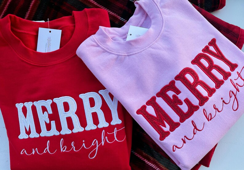 Custom Merry and Bright Glitter Embroidered Side Bow Sweatshirt