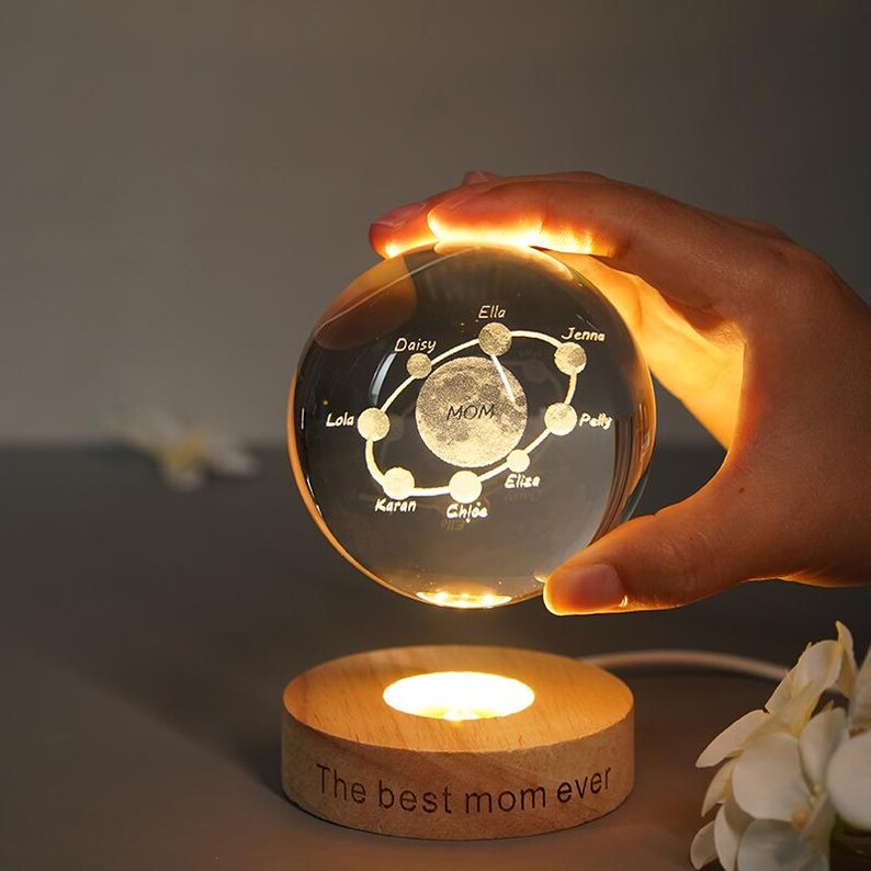 Custom Moon Phase Crystal Ball Lamp With Name Engraved, Mother's Day Night Lamp