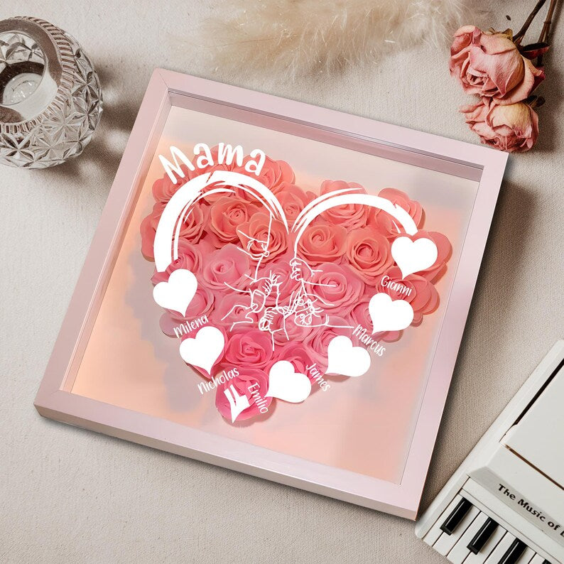 Personalized Flower Heart Shadow Box For Mom, Roses Shadowbox With Names