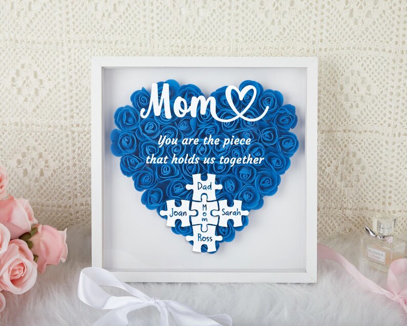 Custom Mom Puzzle With Kids Names Heart Flower Shadow Box