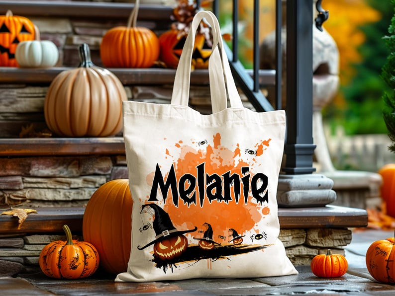 Customized Pumpkin Witch Black Cat Castle Skeleton Ghost Canvas Tote Bag