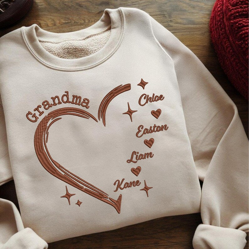 Custom Grandma Heart Grandkid Name Embroidered Sweater