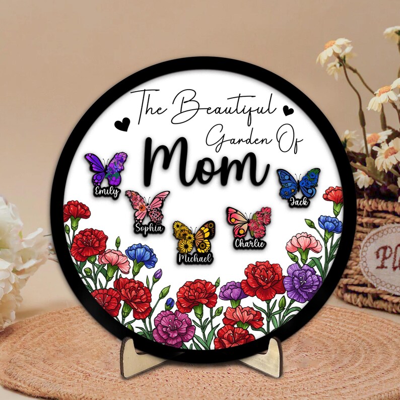 Custom Grandma Gift Personalized Flower Butterfly Birth Month Garden Wooden Sign