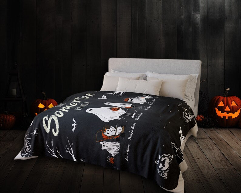 Personalized Halloween Ghost Family Blanket Portrait with Pets Bedding Decor