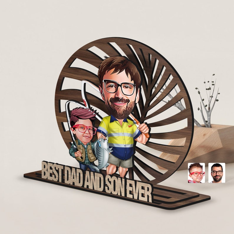 Personalized 3D Wooden Cartoon Father's Day Figurine Trinket, Custom Caricature Portrait, Style 8