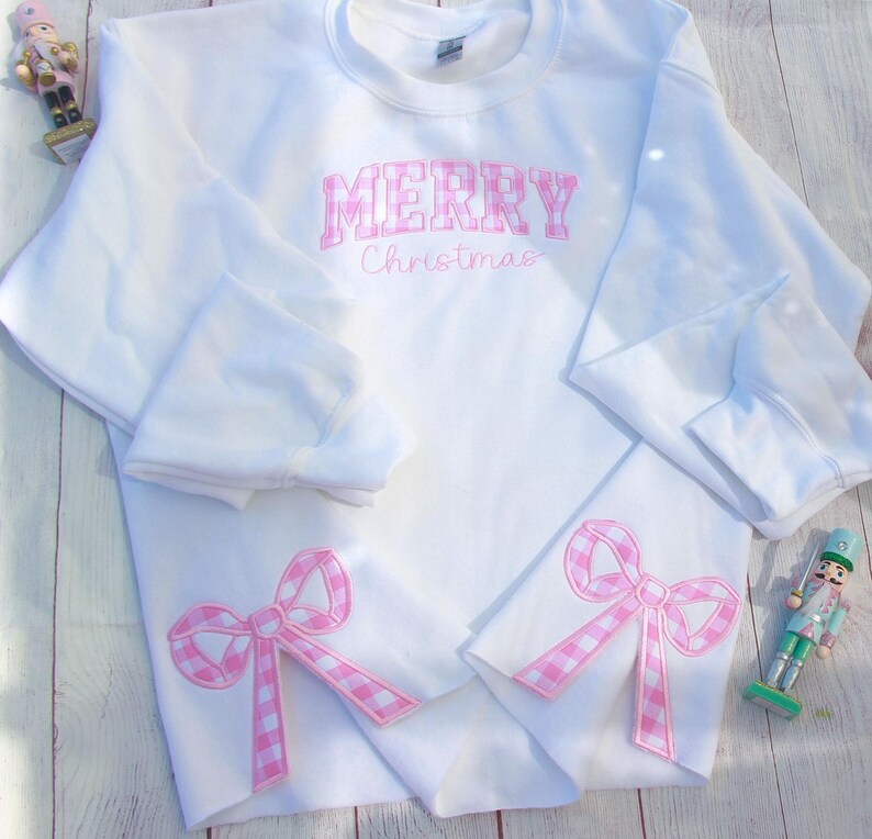 Embroidery Pink Merry Christmas Side Bow Sweatshirt