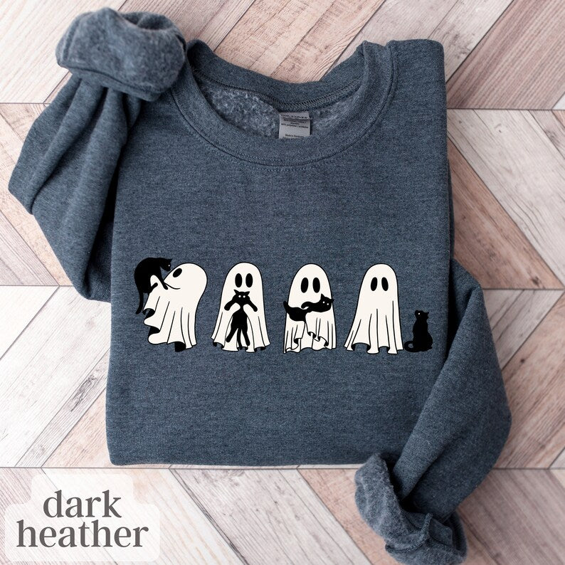 Halloween Sweatshirt, Ghost and Cat Sweatshirt, Ghost Shirt, Black Cat Shirt
