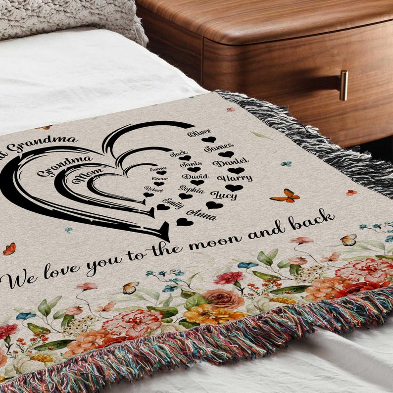 Custom Woven Blanket For Grandma - Personalized "We Love You To The Moon And Back" Throw Blanket