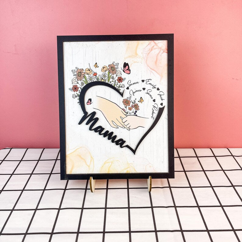 Customized Mother And Child Holding Hands Heart Shaped Wooden Sign