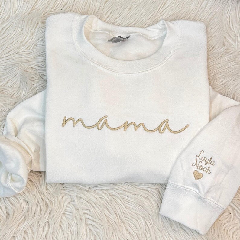 Embroidered Custom Mama Sweatshirt with Mama Birth Flowers & Names on Sleeve
