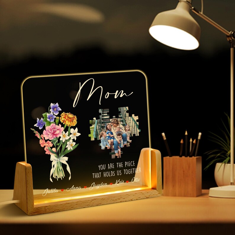 Custom Personalized Photo LED Night Light, Custom Birthmonth Flower Mother's Day Gift